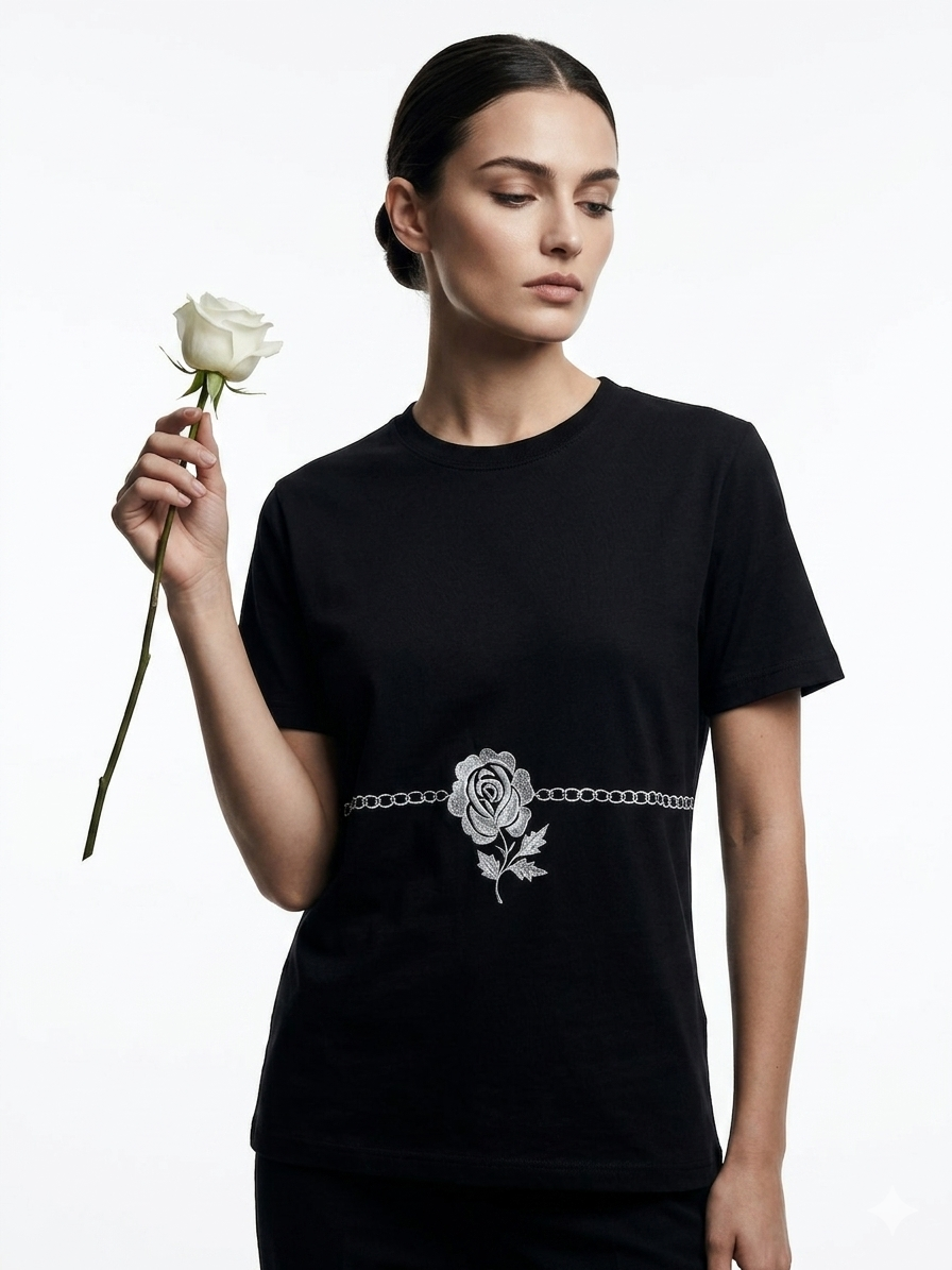 AI-generated product photoshoot for IZZ Habitus, black tee with silver rose belt motif