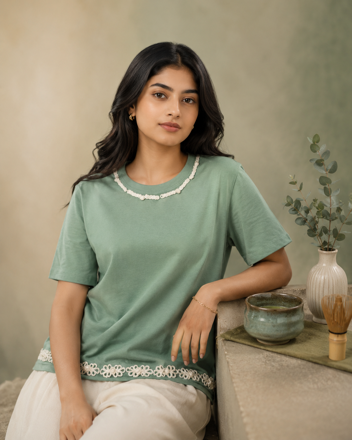 AI-generated editorial photoshoot for IZZ Habitus, sage green tee with floral trim, matcha props