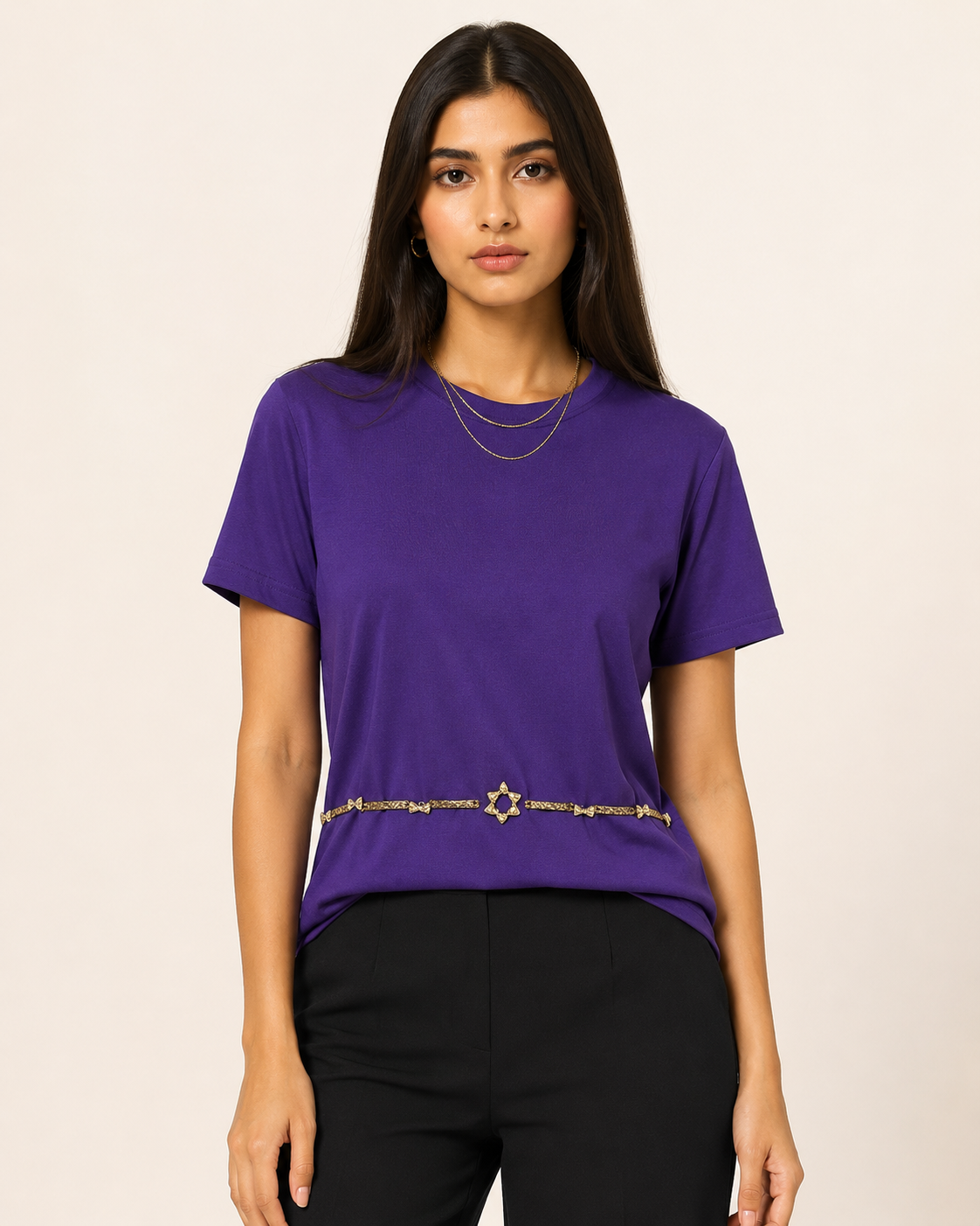 AI-generated product photoshoot for IZZ Habitus, purple tee with gold star belt