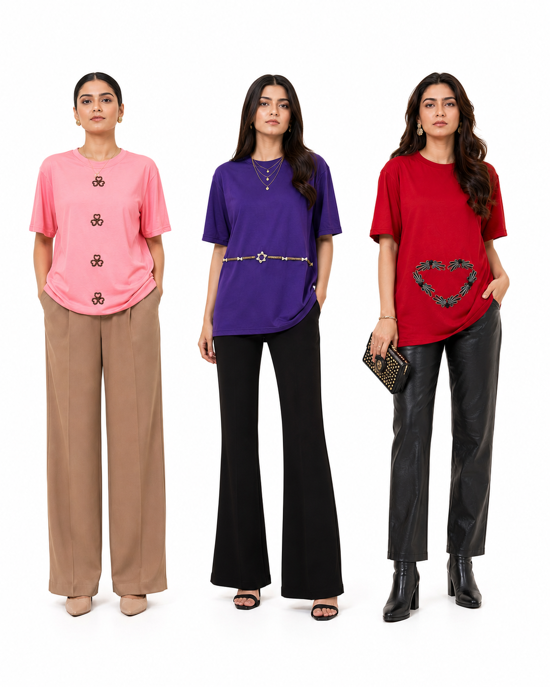 AI-generated group photoshoot for IZZ Habitus, three models in pink, purple, and red tees