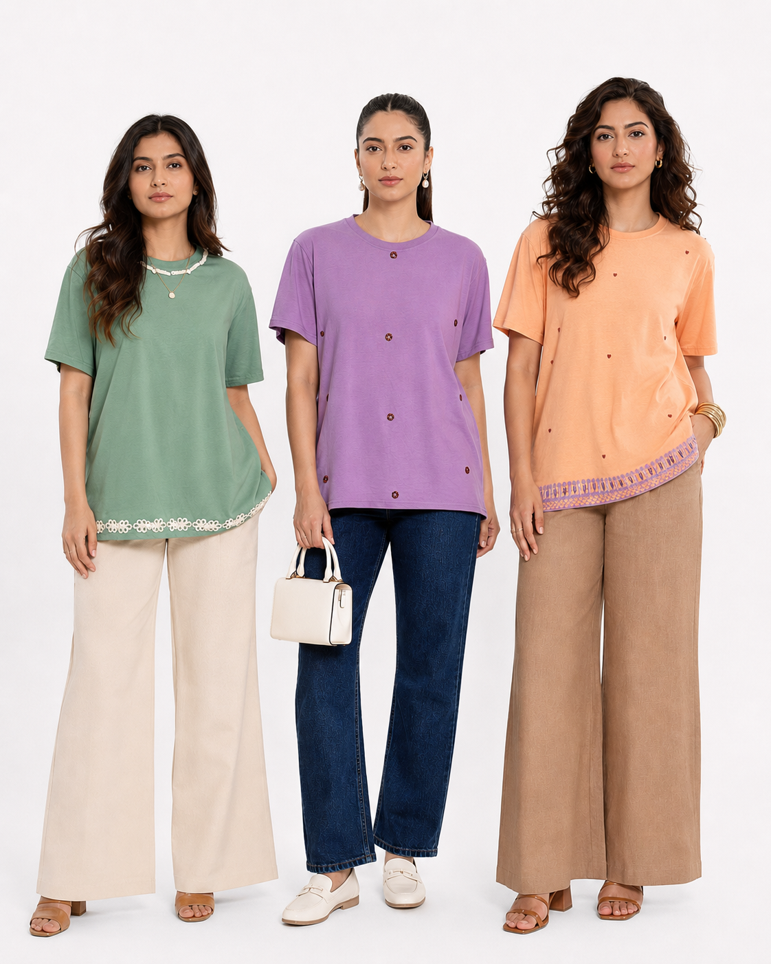 AI-generated group photoshoot for IZZ Habitus, three models in sage, lilac, and peach tees