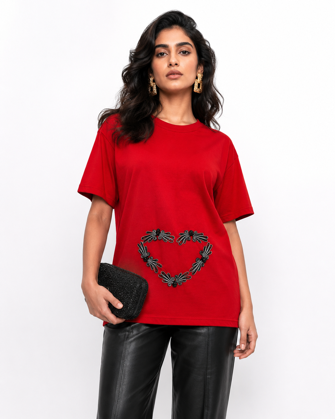 AI-generated product photoshoot for IZZ Habitus, red tee with heart design