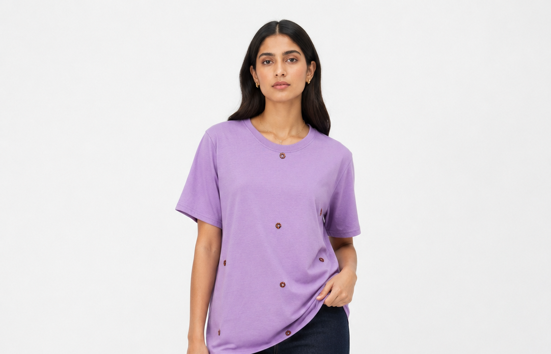 AI-generated product photoshoot for IZZ Habitus, lilac tee with scattered motifs
