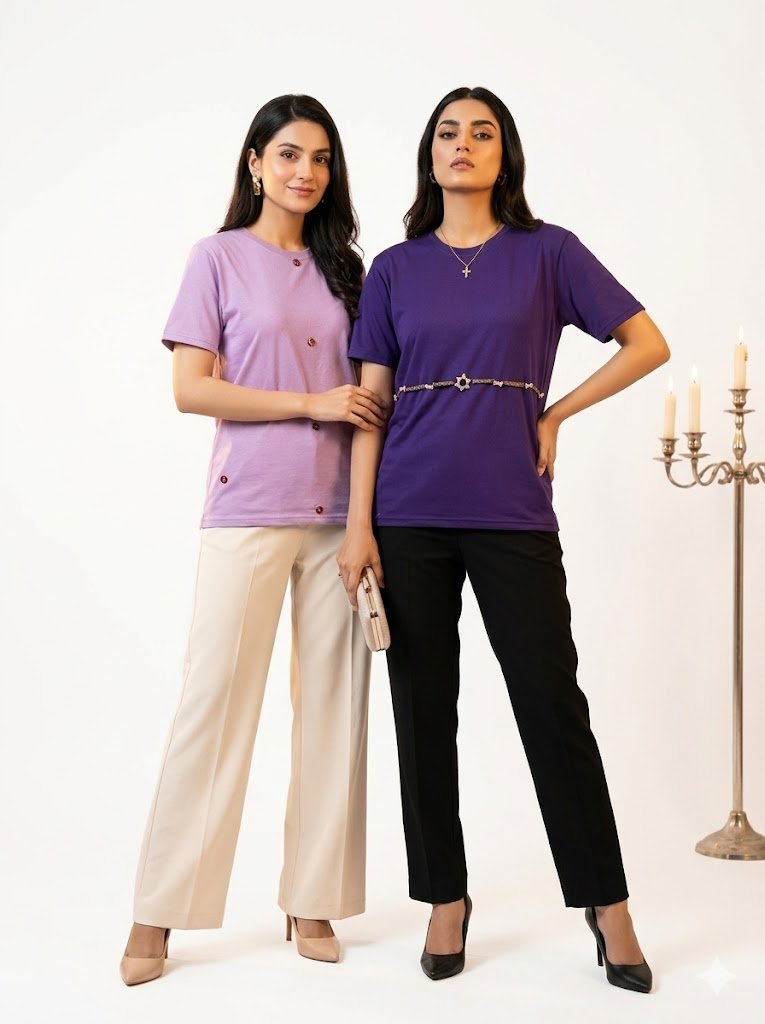 AI-generated group photoshoot for IZZ Habitus, two models in lilac and purple tees