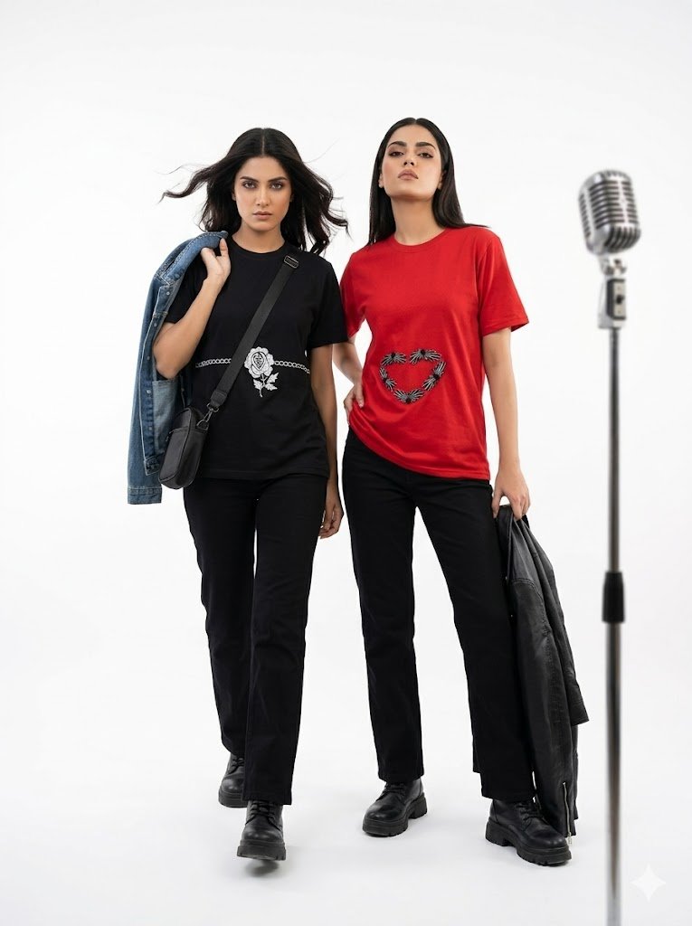 AI-generated group photoshoot for IZZ Habitus, two models in black and red tees