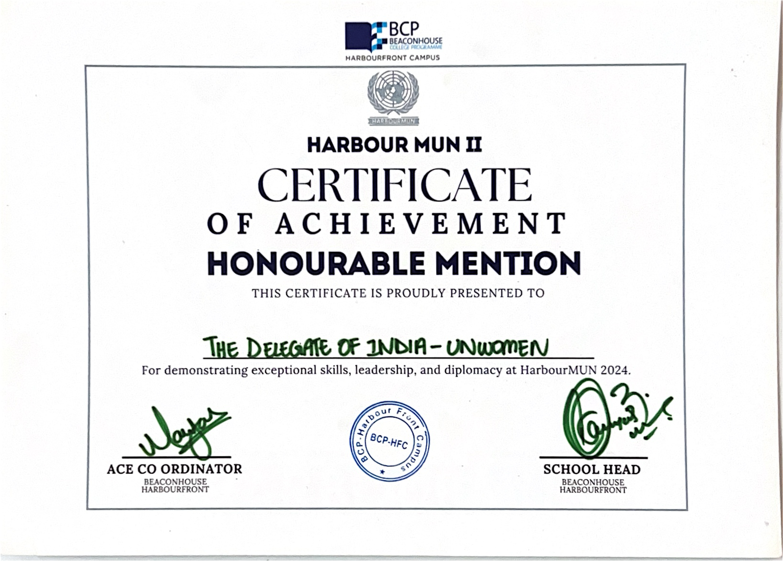 HarbourMUN II Certificate of Achievement, Honourable Mention, Delegate of India in UN Women