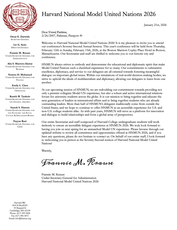 Harvard National Model United Nations 2026 invitation letter
