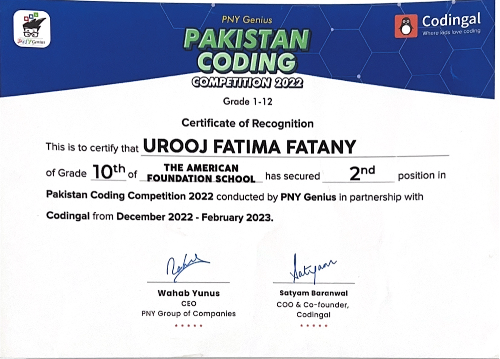 PNY Genius x Codingal Pakistan Coding Competition 2022 certificate of recognition, 2nd position
