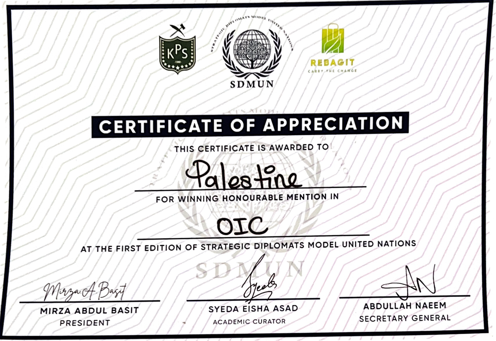Strategic Diplomats Model United Nations Certificate of Appreciation, Honourable Mention, Delegate of Palestine in OIC